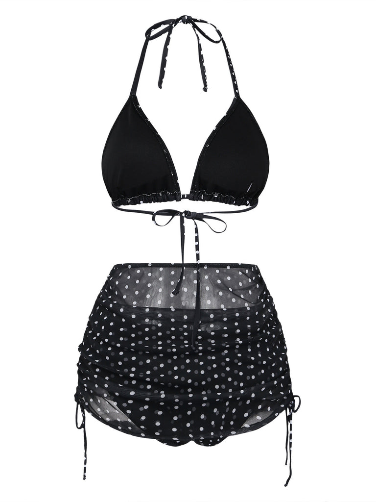 Noir à Pois Halter Ensemble Bikini & Cache-Maillot Années 1950 3