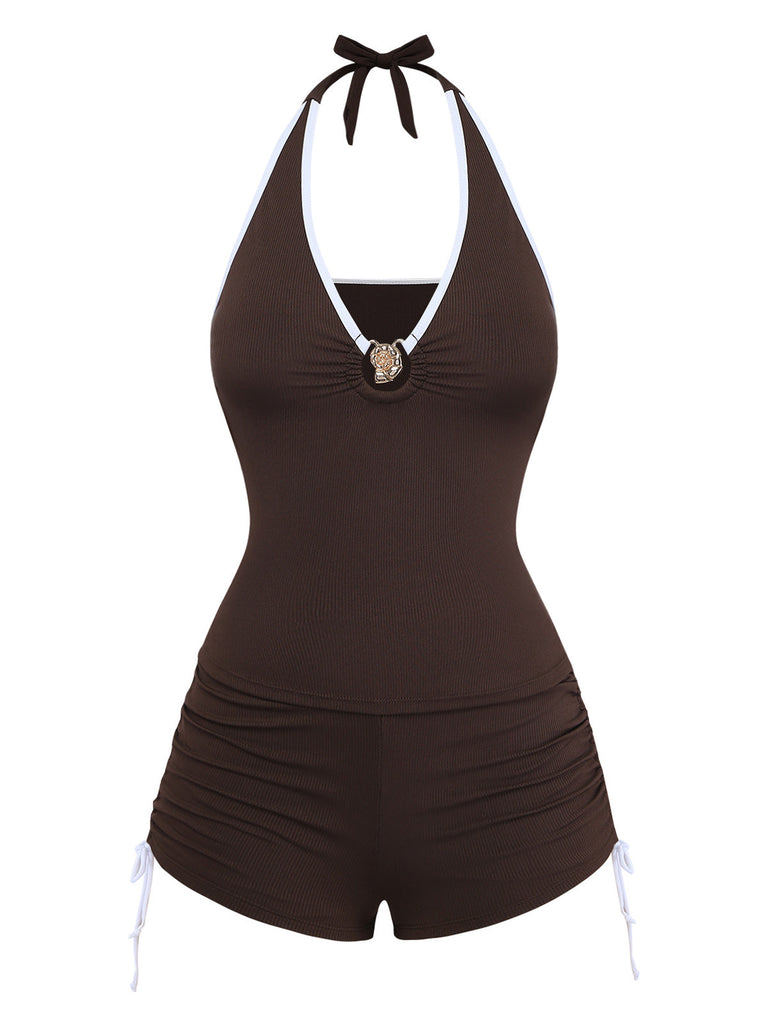 Set Tankini Café Halter à Cordon et Fronces Années '50