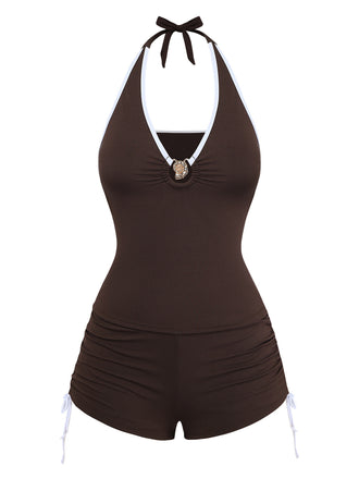 Set Tankini Café Halter à Cordon et Fronces Années '50