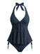 Tankini noire halter en V profond floral texturé années 1950