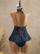 Tankini noire halter en V profond floral texturé années 1950