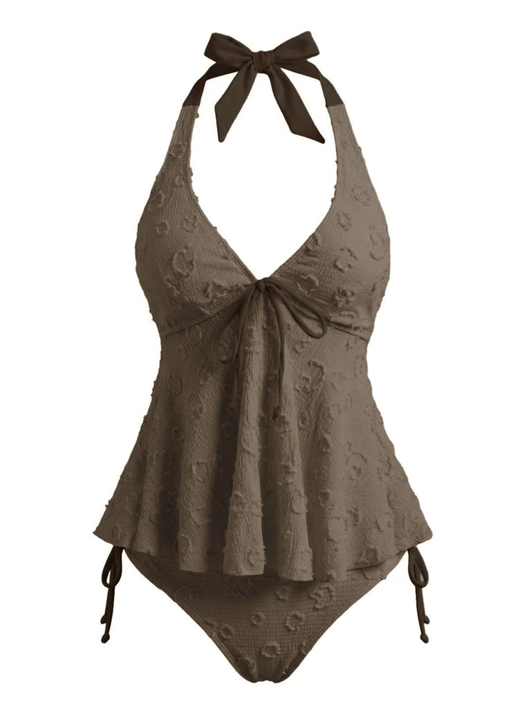 Tankini noire halter en V profond floral texturé années 1950