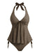 Tankini noire halter en V profond floral texturé années 1950