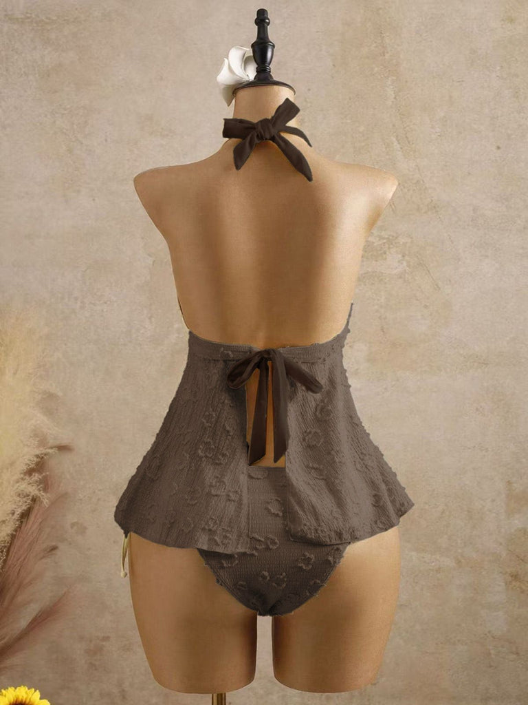 Tankini noire halter en V profond floral texturé années 1950