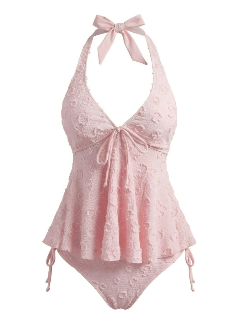 Tankini noire halter en V profond floral texturé années 1950