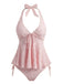 Tankini noire halter en V profond floral texturé années 1950