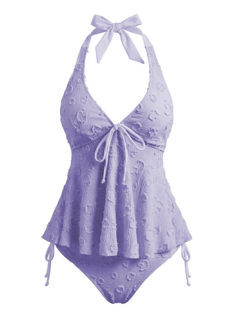 Tankini noire halter en V profond floral texturé années 1950