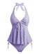 Tankini noire halter en V profond floral texturé années 1950