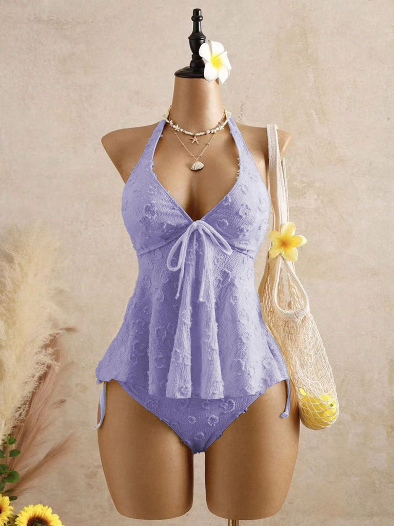 Tankini noire halter en V profond floral texturé années 1950