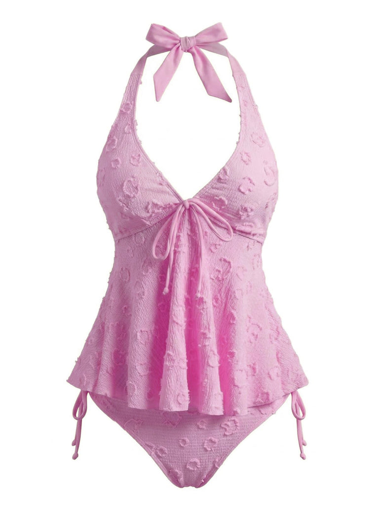 Tankini noire halter en V profond floral texturé années 1950