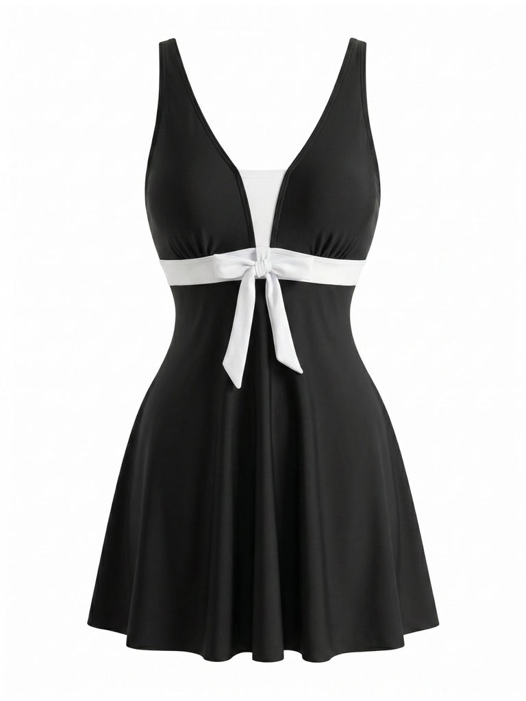 Ensemble Tankini Bicolore Nœud Noir et Blanc années 50 2