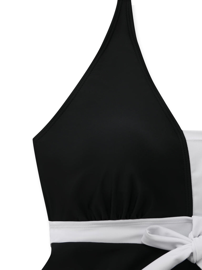 Ensemble Tankini Bicolore Nœud Noir et Blanc années 50 5
