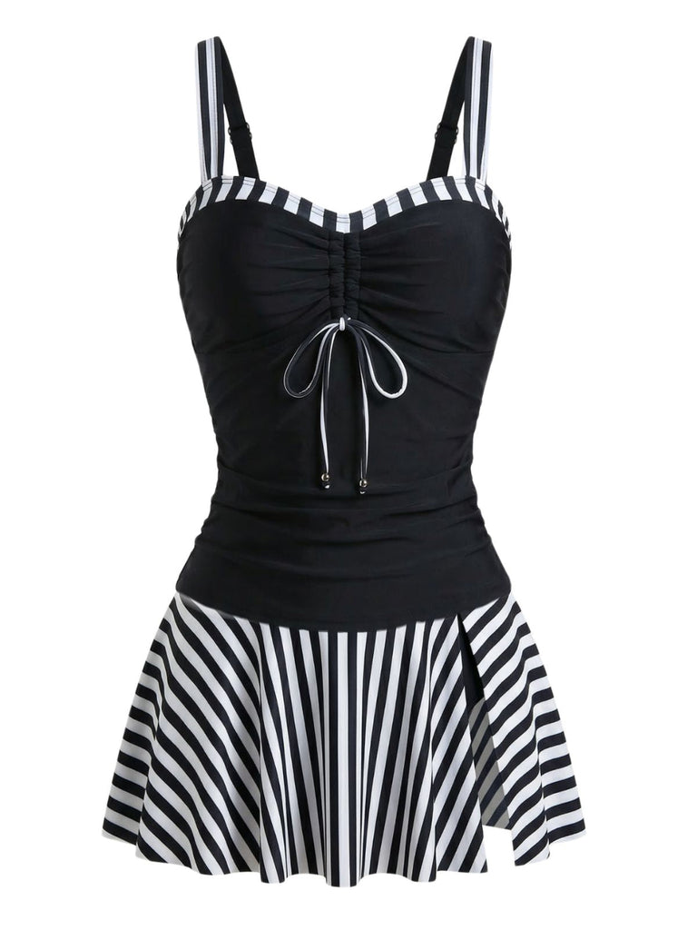 Set Tankini Noir à Rayures Color Block Froncé Années '50 3