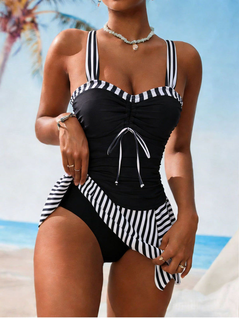 Set Tankini Noir à Rayures Color Block Froncé Années '50 4