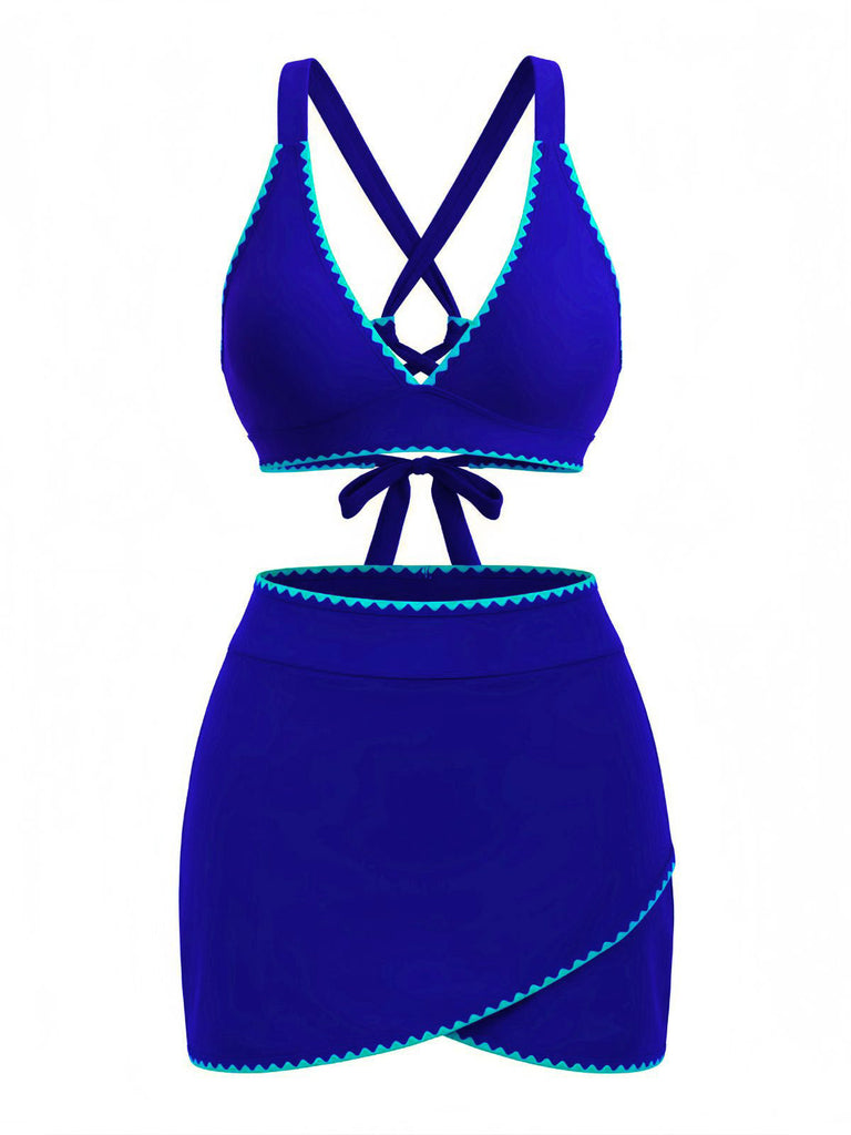 2PCS Ensemble Bikini Dos Croisé Bordure Contrastée et Paréo Bleu années 50 2