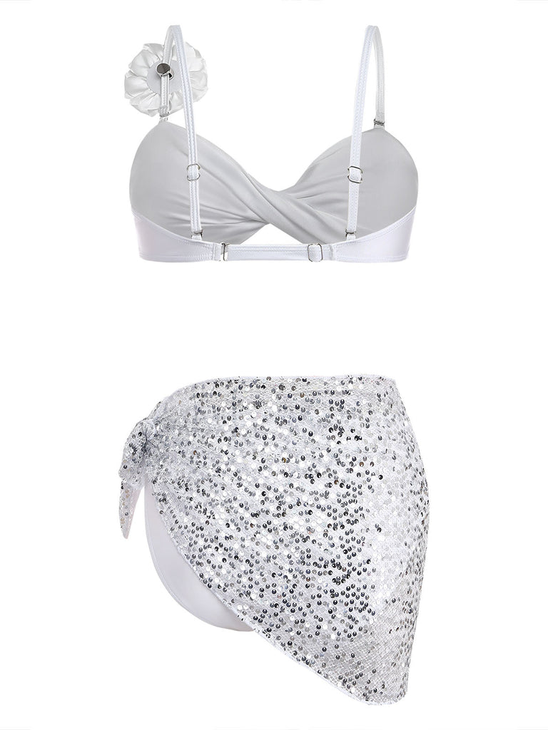 Maillot de Bain Rose en Satin-Finish Blanc Années 1950 2