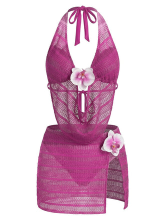 Rose Rouge Halter Découpé Ensemble Bikini & Cache-Maillot Années 1950 2