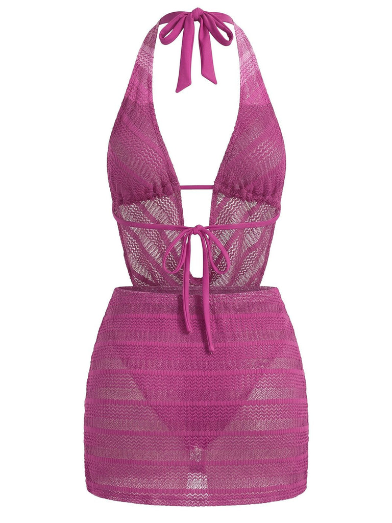 Rose Rouge Halter Découpé Ensemble Bikini & Cache-Maillot Années 1950 3