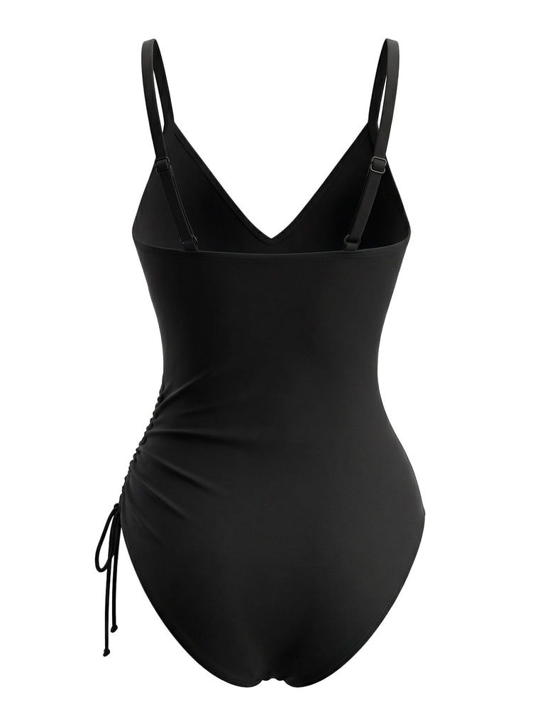 Maillot de Bain Une Pièce Bleu à Rayures Color Block à Cordon Années '40 3