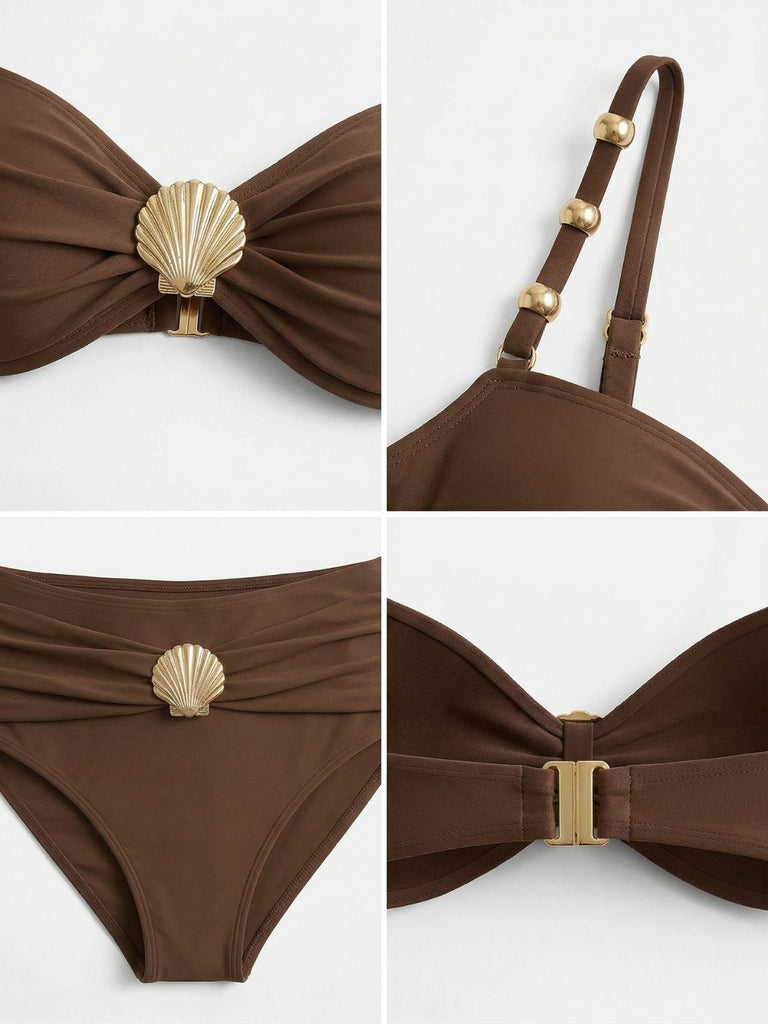 Set Bikini Marron Froncé à Décor Coquillage en Métal Années '70 4