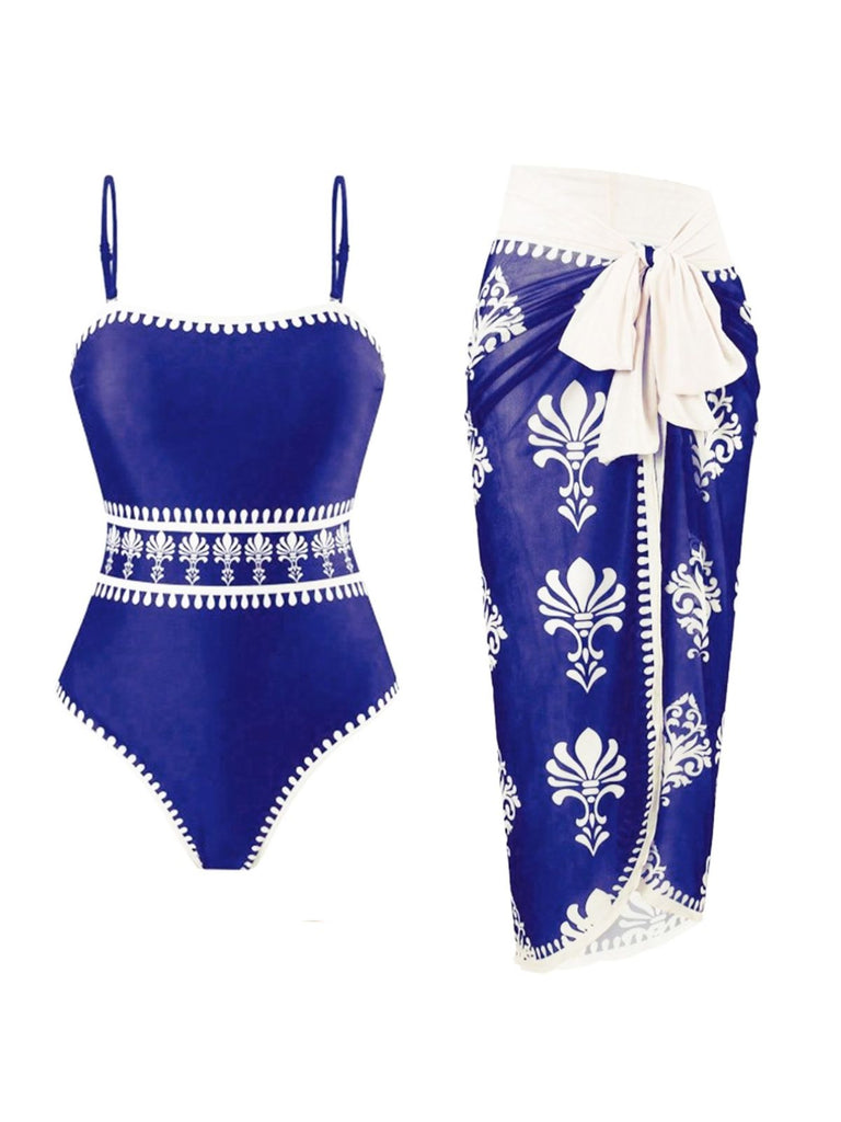Bohème Florale Imprimé One-Pièce Maillot de Bain & Cache Maillot Années 1970