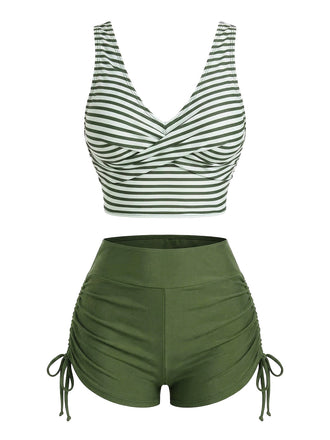 Rayé Croisé Drawstring Ensemble Tankini Années 1950 4