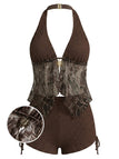 [Prévente] Maillot de Bain Halter Transparent Brodé en Filet Marron Années 1960