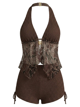 [Prévente] Maillot de Bain Halter Transparent Brodé en Filet Marron Années 1960 2