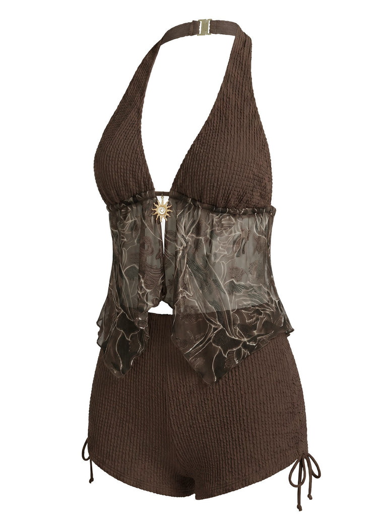 [Prévente] Maillot de Bain Halter Transparent Brodé en Filet Marron Années 1960 3