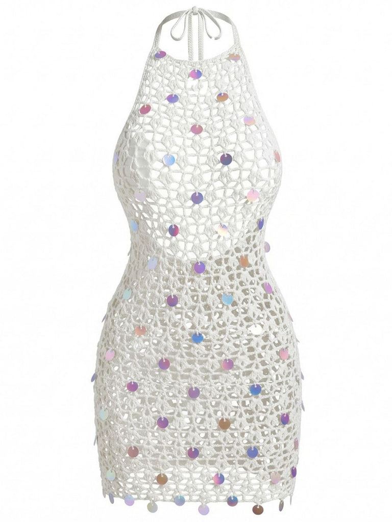 Blanc Halter Sequin Crochet Ajouré Cache-Maillot Années 1960 2