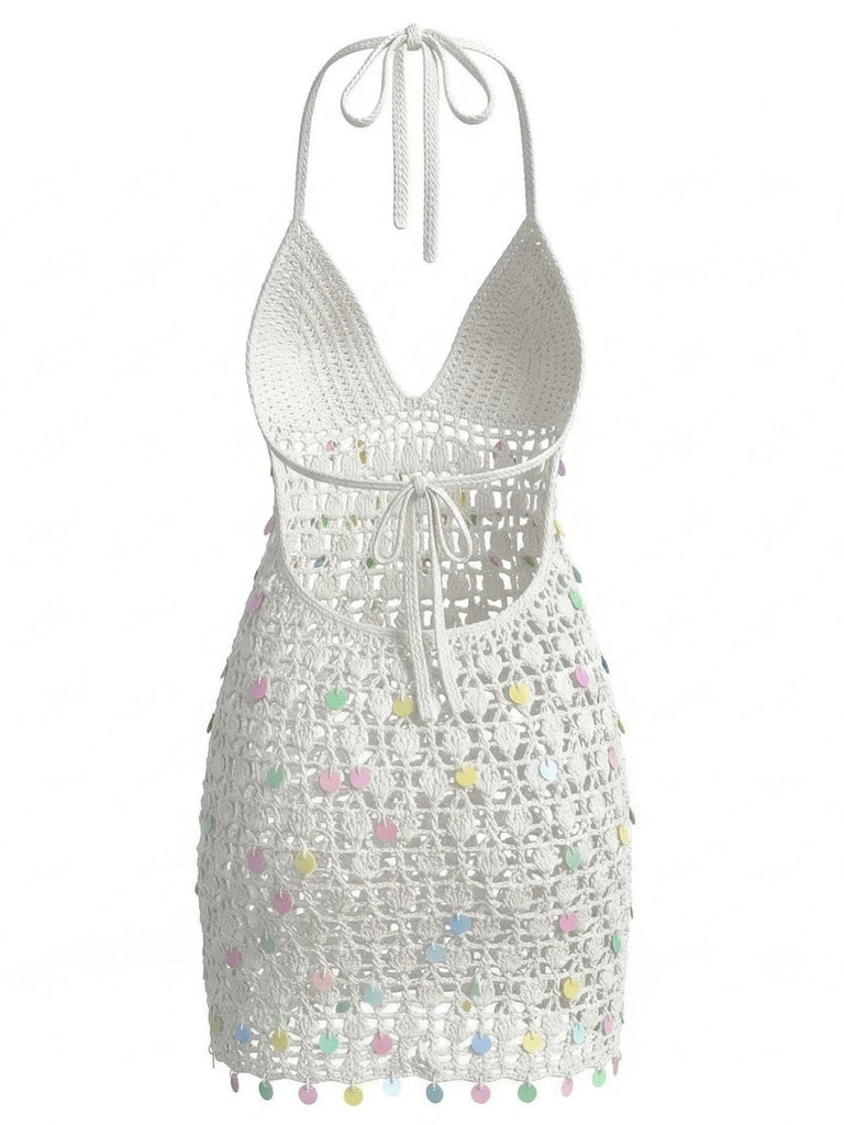 Blanc Halter Sequin Crochet Ajouré Cache-Maillot Années 1960 4