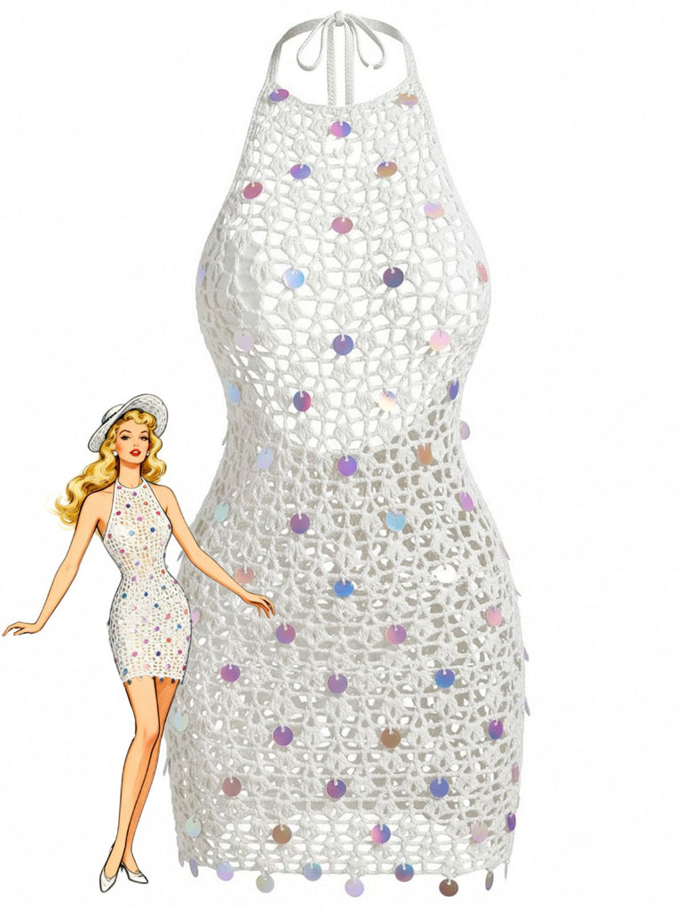 Blanc Halter Sequin Crochet Ajouré Cache-Maillot Années 1960