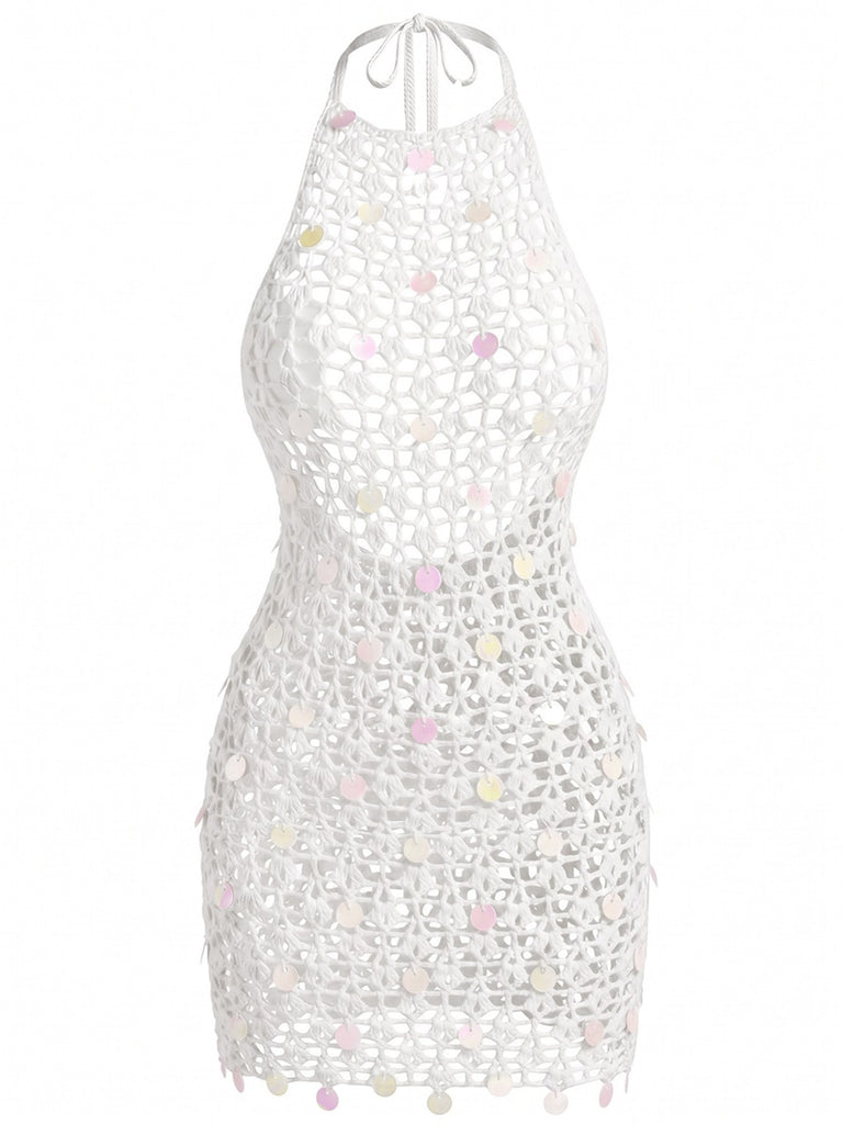 Cache-maillot blanc sequins ajourés crochet années 1960