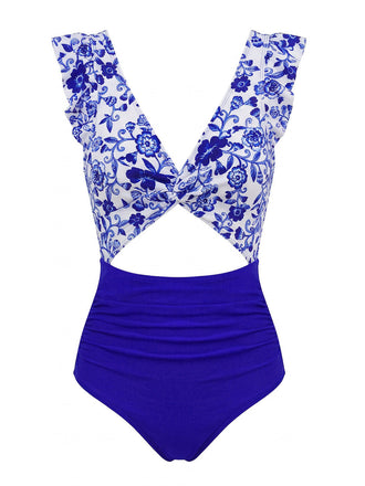 Bleu Foncé Porcelaine Blocs de Couleur Maillot de Bain Une Pièce Années 1970