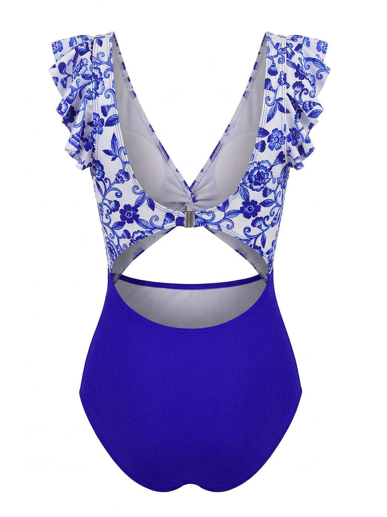 Bleu Foncé Porcelaine Blocs de Couleur Maillot de Bain Une Pièce Années 1970 3