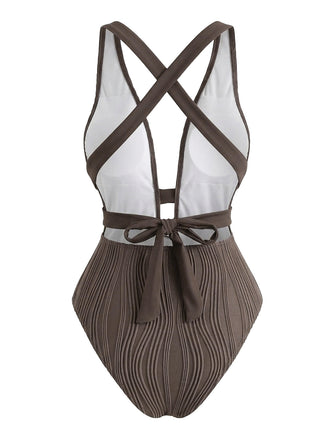 Marron Foncé Croisé Dos Nu Maillot de Bain Une Pièce Années 1950 2