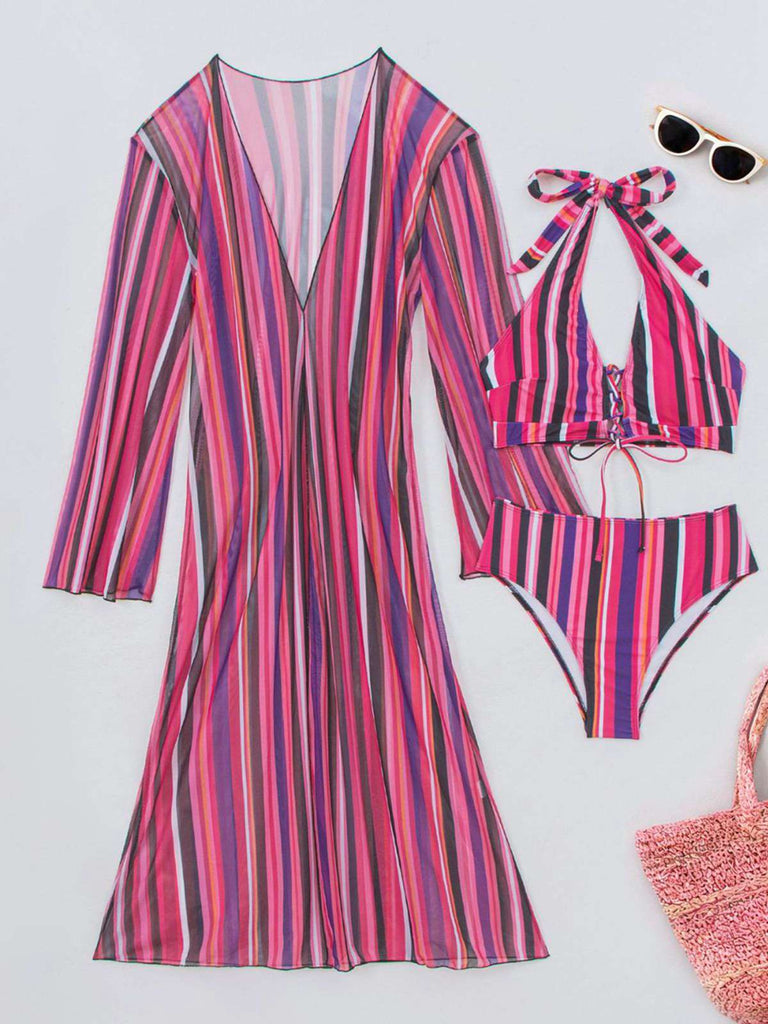 Ensemble Bikini Lacé à Rayures Verticales et Cache-Maillot Années 60