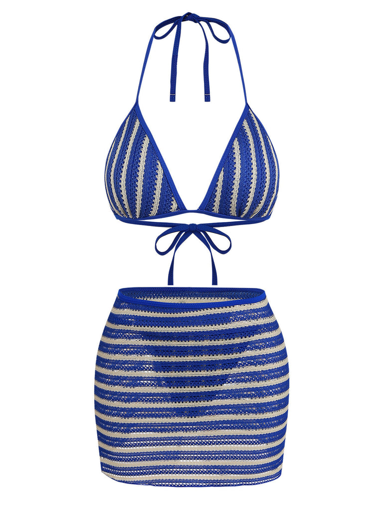 3 Pièces Bleu Halter Rayé Ensemble Bikini & Cache-Maillot Années 1960 2