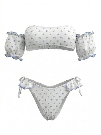 Bikini Épaules Dénudées Manches Bouffantes Floral Blanc Années 50