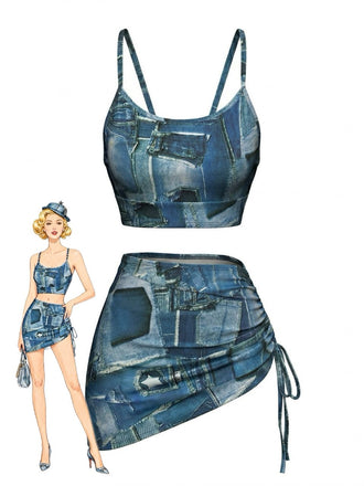Set Bikini Bleu à Imprimé Patchwork Denim et Cache Maillot à Cordon Y2K