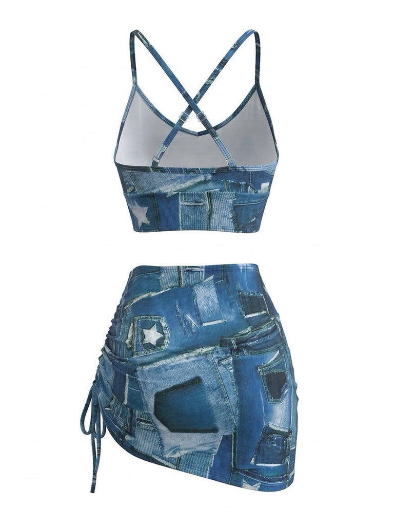Set Bikini Bleu à Imprimé Patchwork Denim et Cache Maillot à Cordon Y2K 3