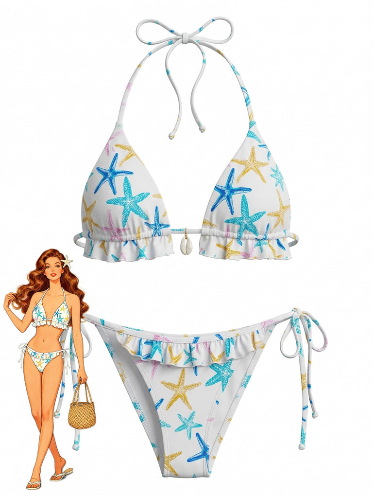 Ensemble Bikini à Volants Dos Nu Imprimé Étoile de Mer Bleu années 50