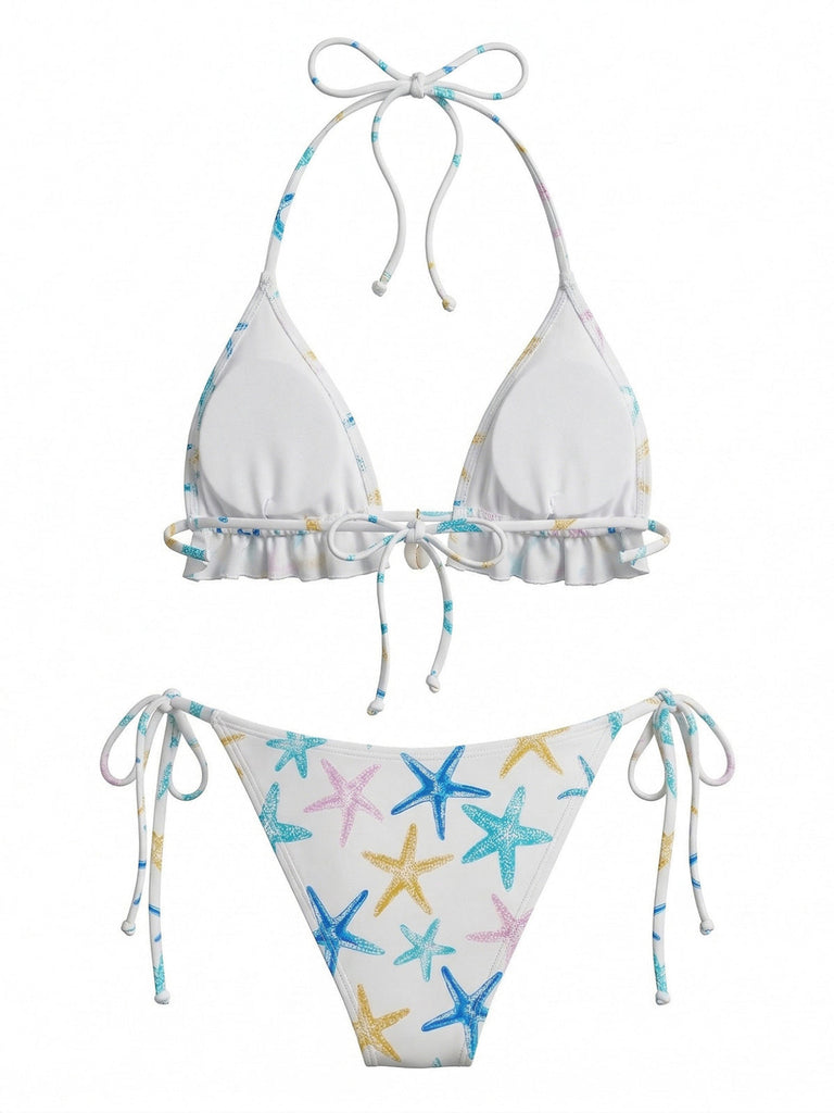 Ensemble Bikini à Volants Dos Nu Imprimé Étoile de Mer Bleu années 50 3