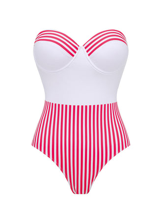 2PCS Maillot de Bain Une Pièce Bustier Rayé et Paréo Rose années 40 2