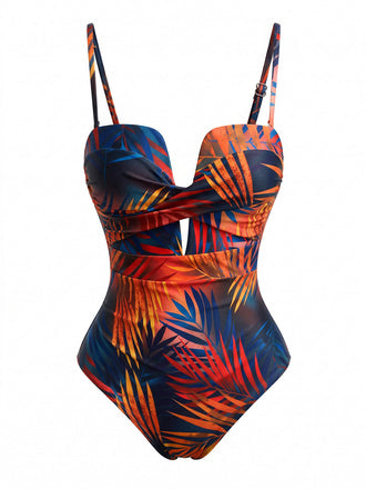 Maillot de Bain Torsadé Devant Tropical Leaf Imprimé Une Pièce Années 1950
