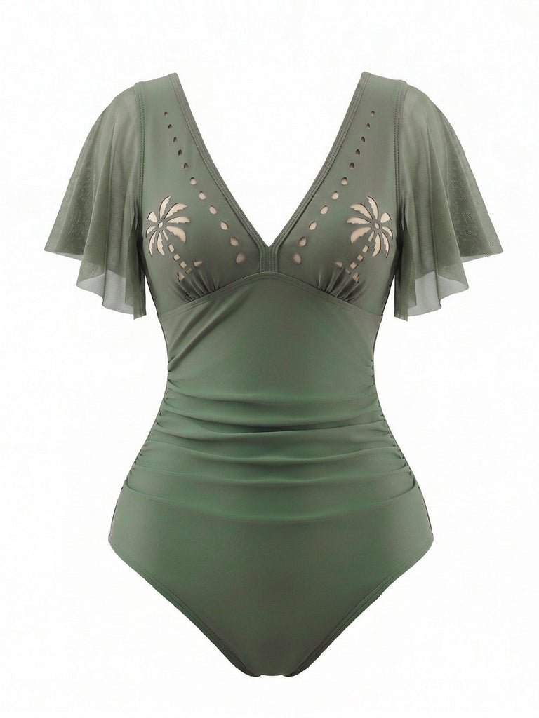 Maillot de Bain Manches à Volants Ajouré Col en V Palmier années 50