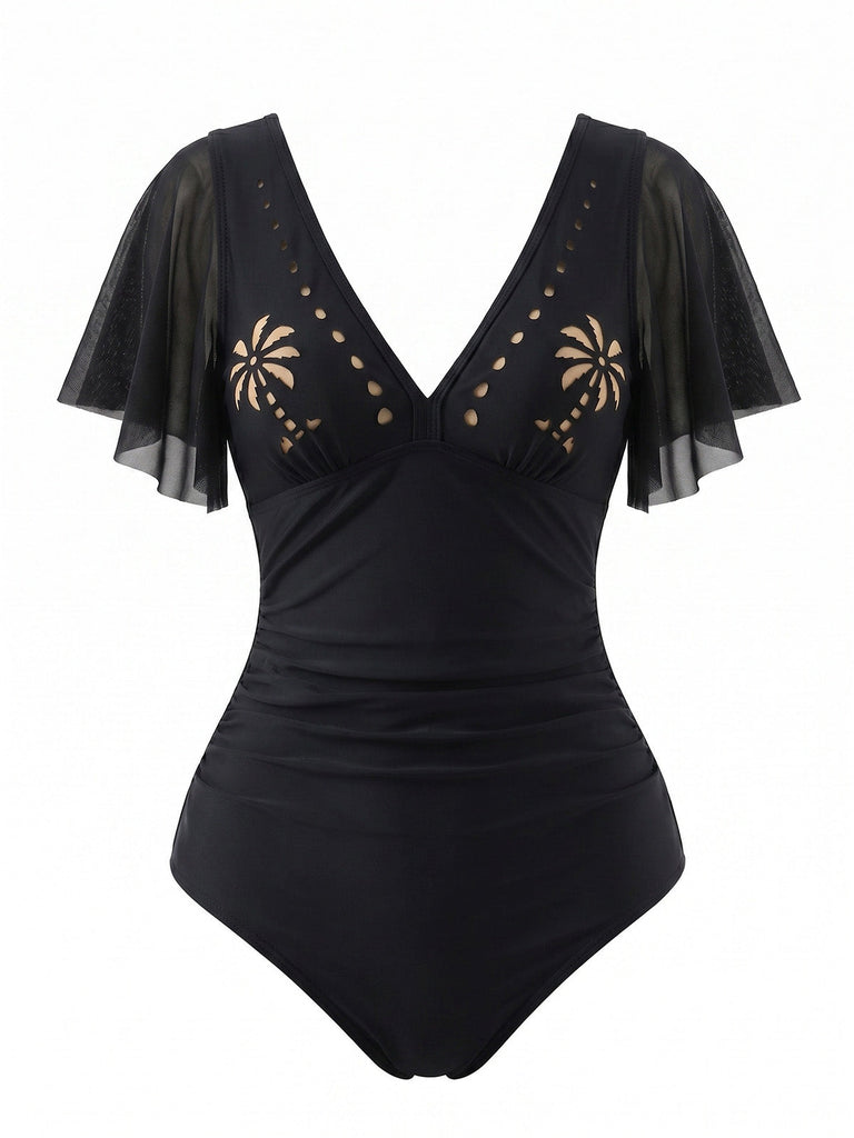 Maillot de Bain Manches à Volants Ajouré Col en V Palmier années 50 3