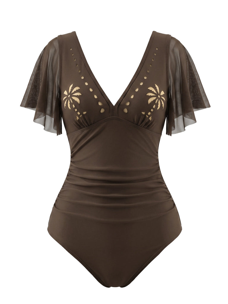 Maillot de Bain Manches à Volants Ajouré Col en V Palmier années 50 4