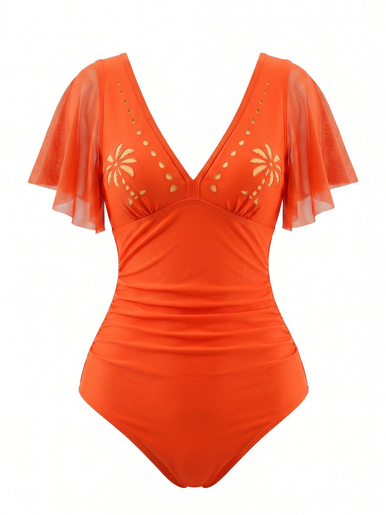 Maillot de Bain Manches à Volants Ajouré Col en V Palmier années 50 6