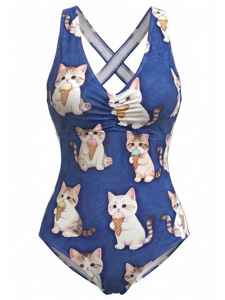 [Prévente] Maillot de Bain Une Pièce Imprimé Chat et Glace Bretelles Croisées années 60